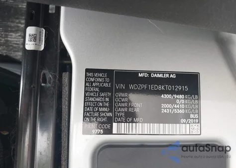 2019 Mercedes-Benz Sprinter 2500 High Roof I4 из США, поврежденный, VIN WDZPF1ED8KT012915